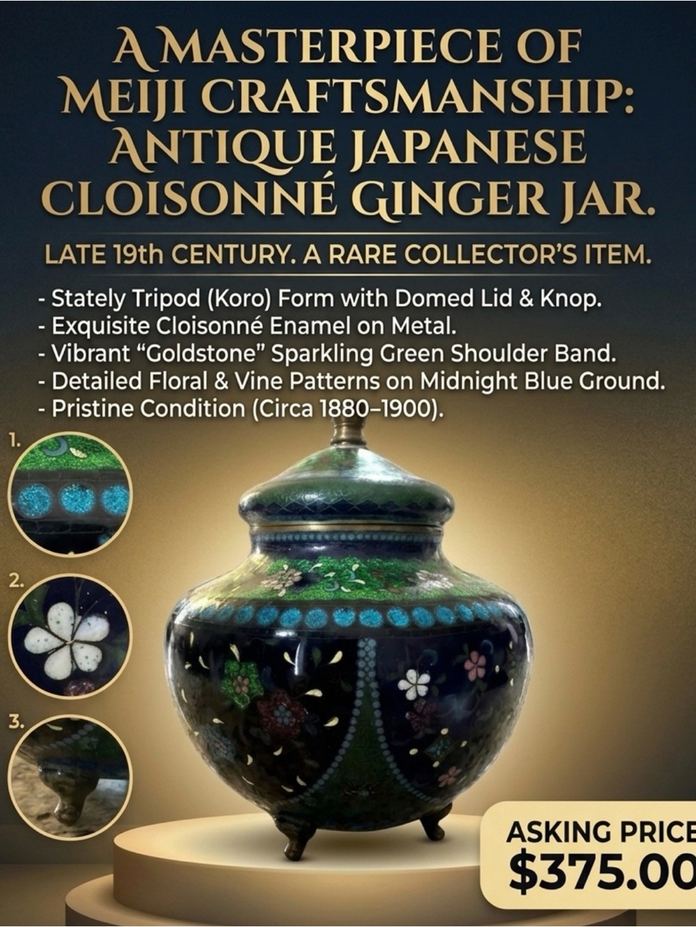 Antique Cloisonné Ginger Jar in Midnight Blue and Green - Meiji Style